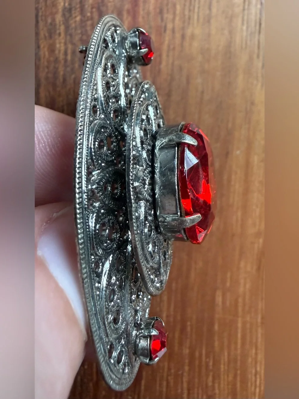 Vintage Silver Tone Filigree Brooch Large Red Glass Stone Rhinestone Cake Tier